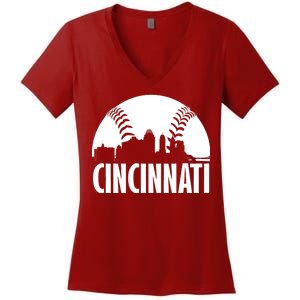 Cincinnati Baseball Skyline Women's V-Neck T-Shirt