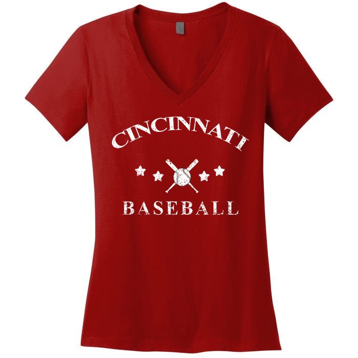 Cincinnati Vintage Baseball Throwback Retro Women's V-Neck T-Shirt