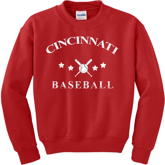 Cincinnati Vintage Baseball Throwback Retro Kids Sweatshirt