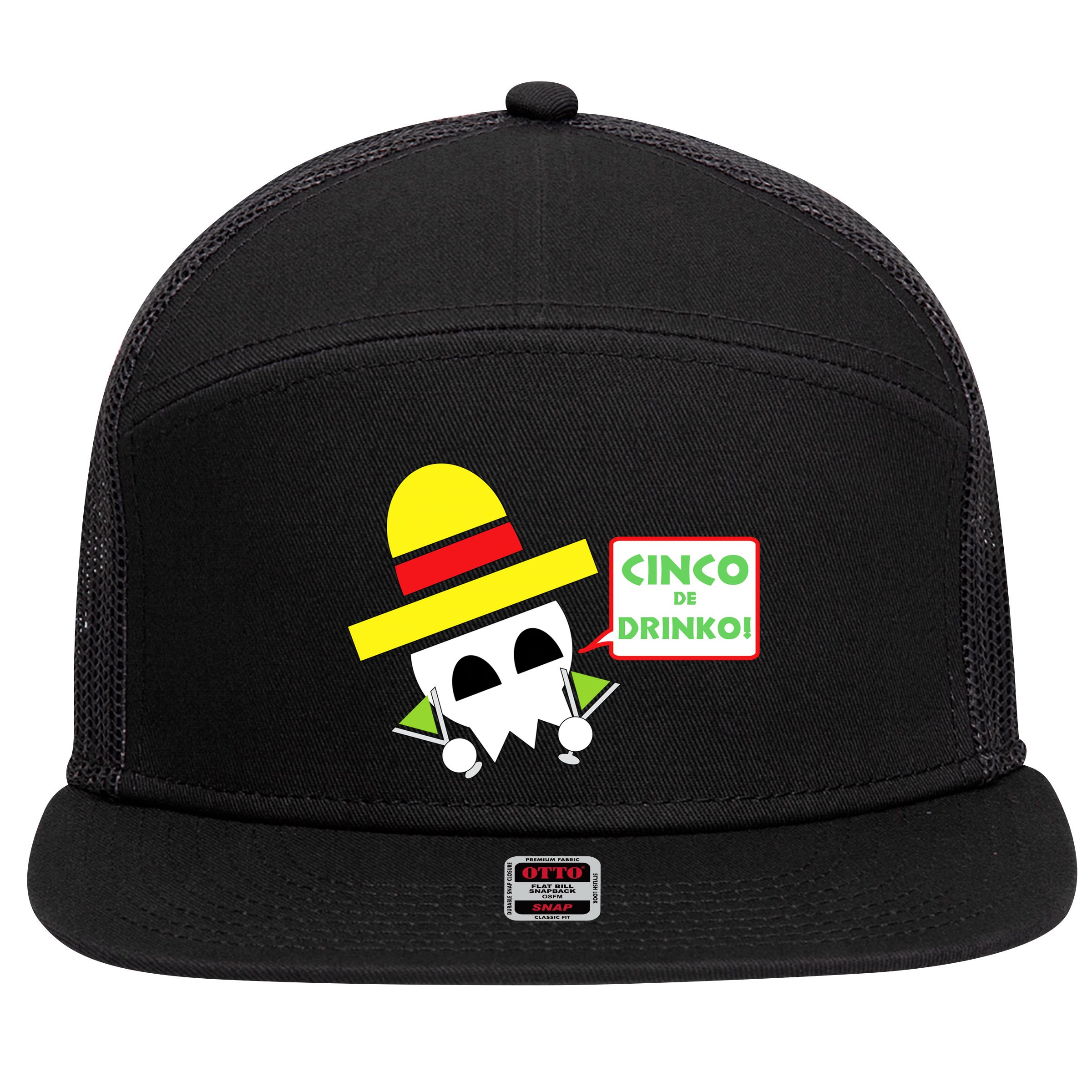 Cinco De Drinko Skull Cinco De Mayo 7 Panel Mesh Trucker Snapback Hat