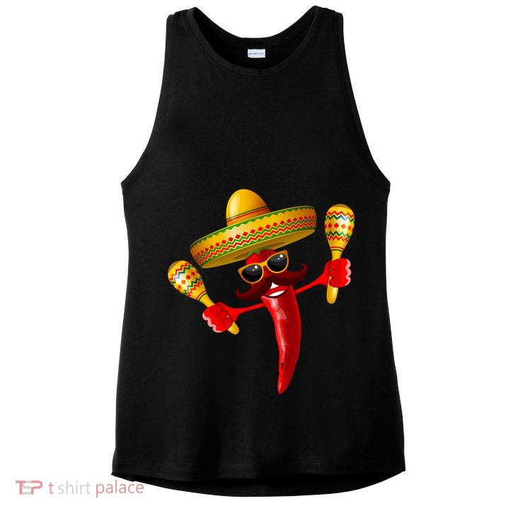 Cinco De Mayo Chili Pepper Dancing Moustache Mexican Ladies PosiCharge Tri-Blend Wicking Tank