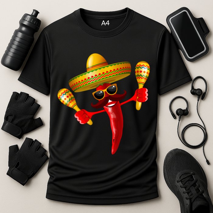 Cinco De Mayo Chili Pepper Dancing Moustache Mexican Cooling Performance Crew T-Shirt