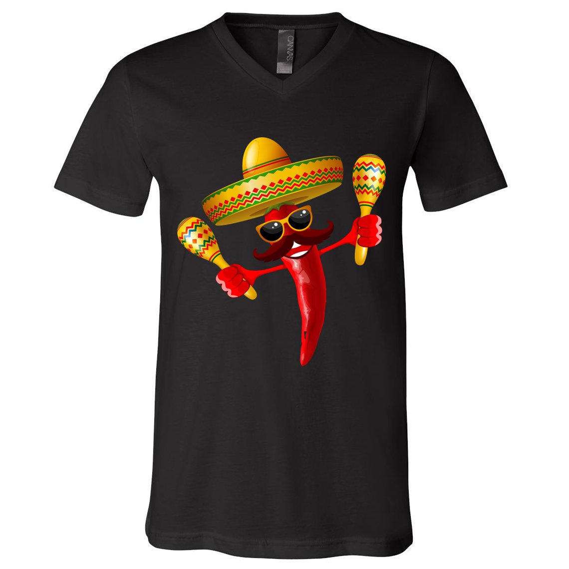 Cinco De Mayo Chili Pepper Dancing Moustache Mexican V-Neck T-Shirt