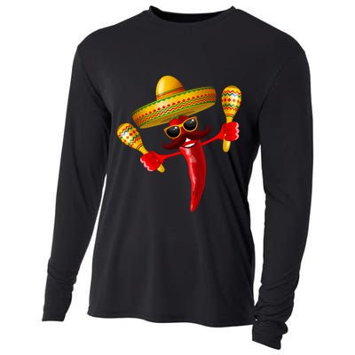 Cinco De Mayo Chili Pepper Dancing Moustache Mexican Cooling Performance Long Sleeve Crew