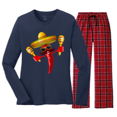 Cinco De Mayo Chili Pepper Dancing Moustache Mexican Women's Long Sleeve Flannel Pajama Set 