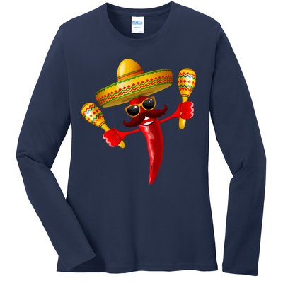 Cinco De Mayo Chili Pepper Dancing Moustache Mexican Ladies Long Sleeve Shirt