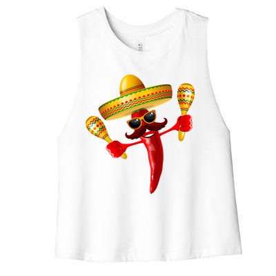 Cinco De Mayo Chili Pepper Dancing Moustache Mexican Women's Racerback Cropped Tank