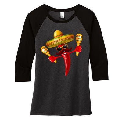 Cinco De Mayo Chili Pepper Dancing Moustache Mexican Women's Tri-Blend 3/4-Sleeve Raglan Shirt