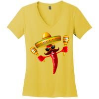 Cinco De Mayo Chili Pepper Dancing Moustache Mexican Women's V-Neck T-Shirt