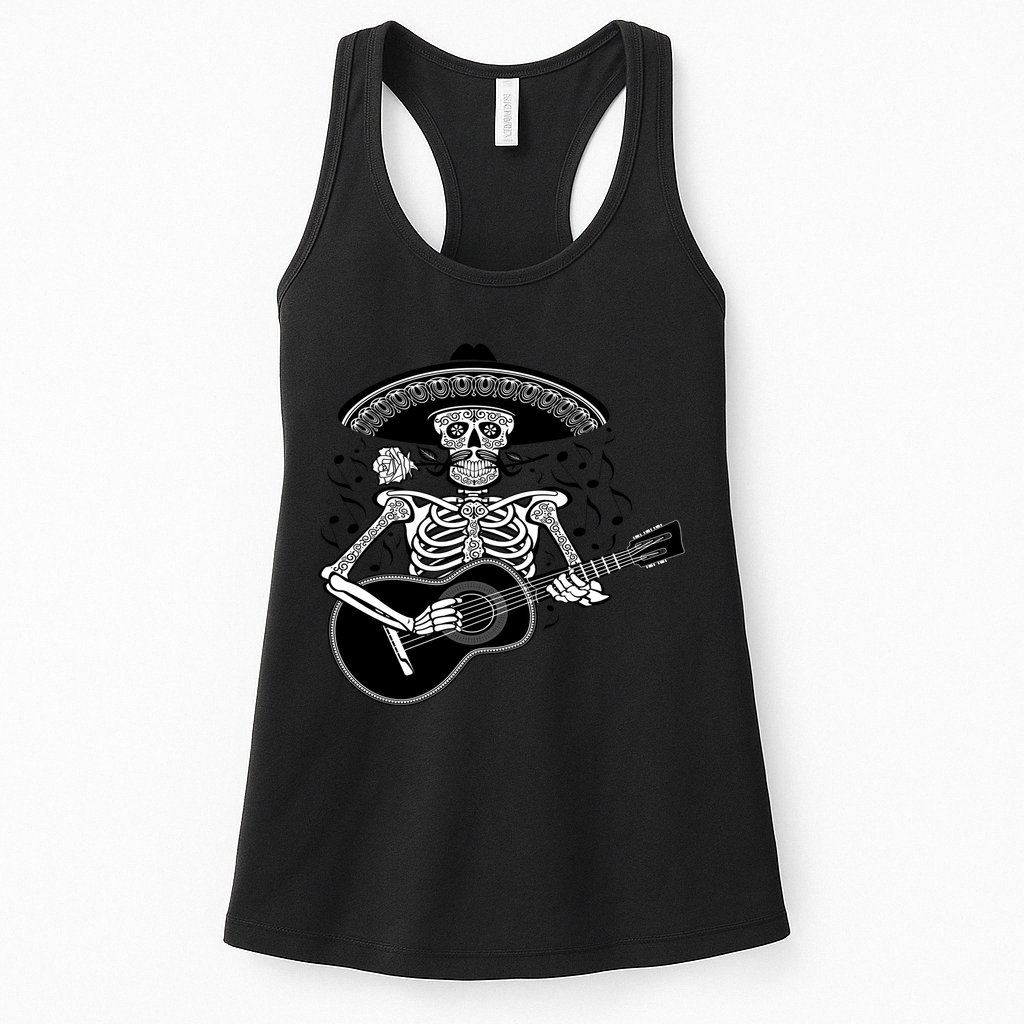 Cinco De Mayo Skeleton Playing the Guitar Womens Tank Top