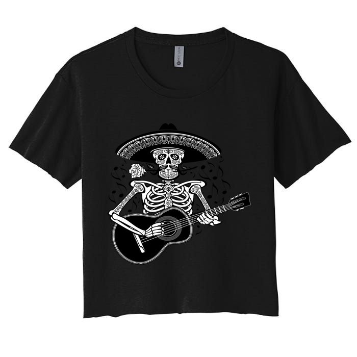 Cinco De Mayo Skeleton Playing the Guitar Women's Crop Top Tee