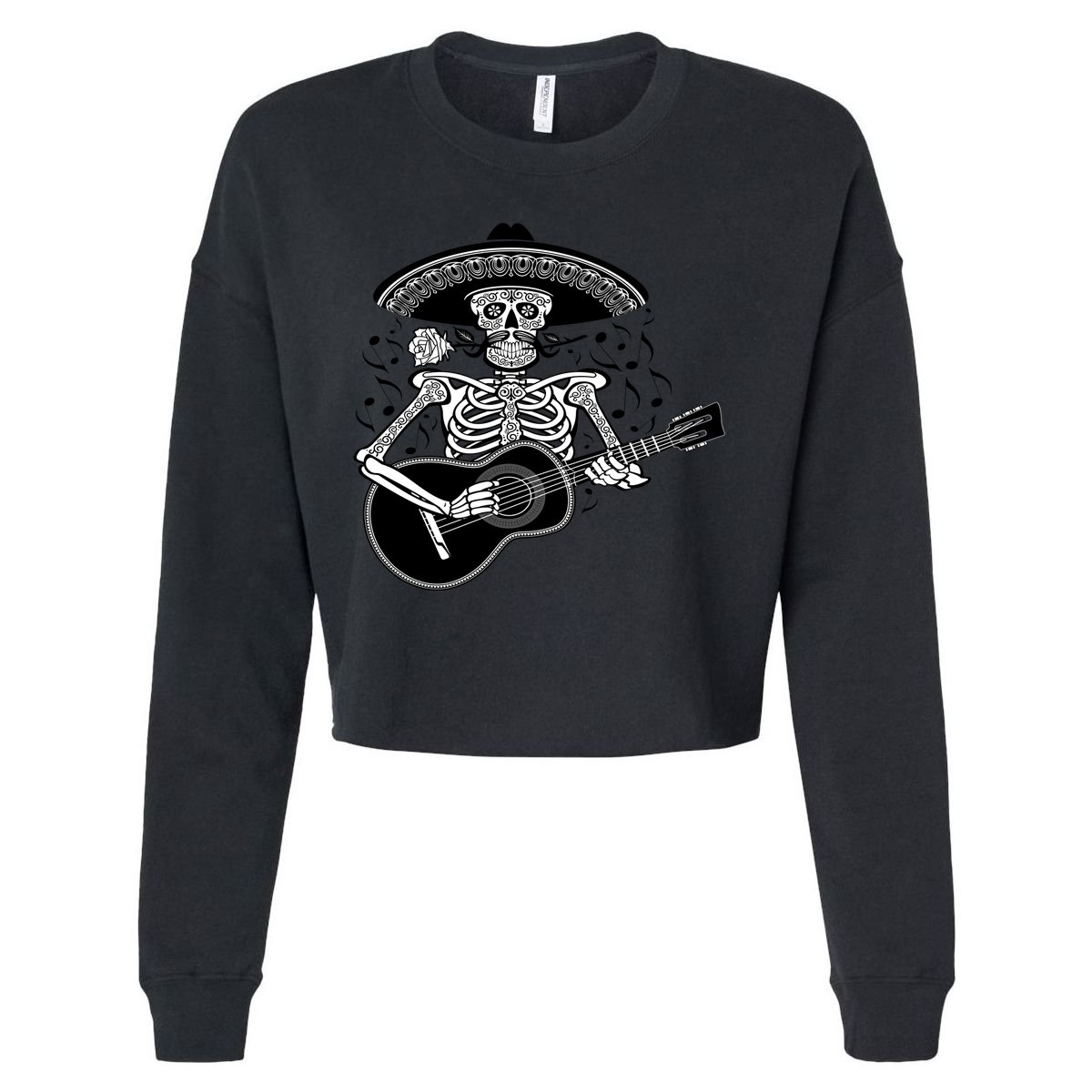 Cinco De Mayo Skeleton Playing the Guitar Cropped Pullover Crew