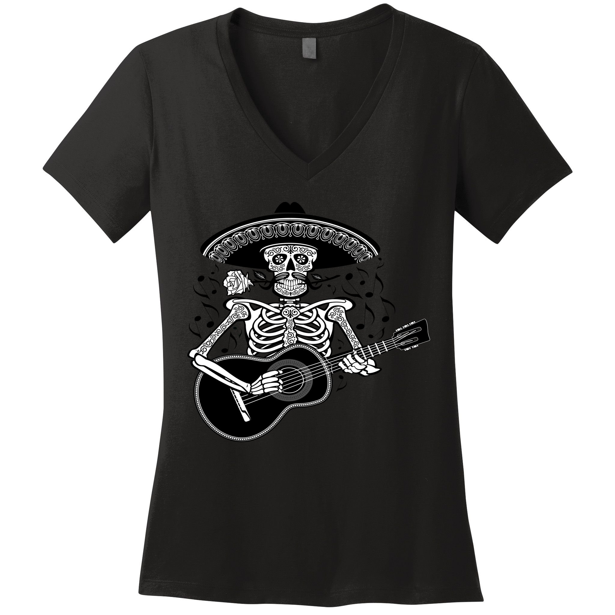 Cinco De Mayo Skeleton Playing the Guitar Women's V-Neck T-Shirt
