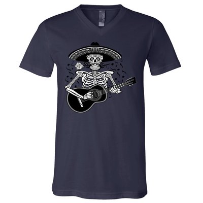 Cinco De Mayo Skeleton Playing the Guitar V-Neck T-Shirt