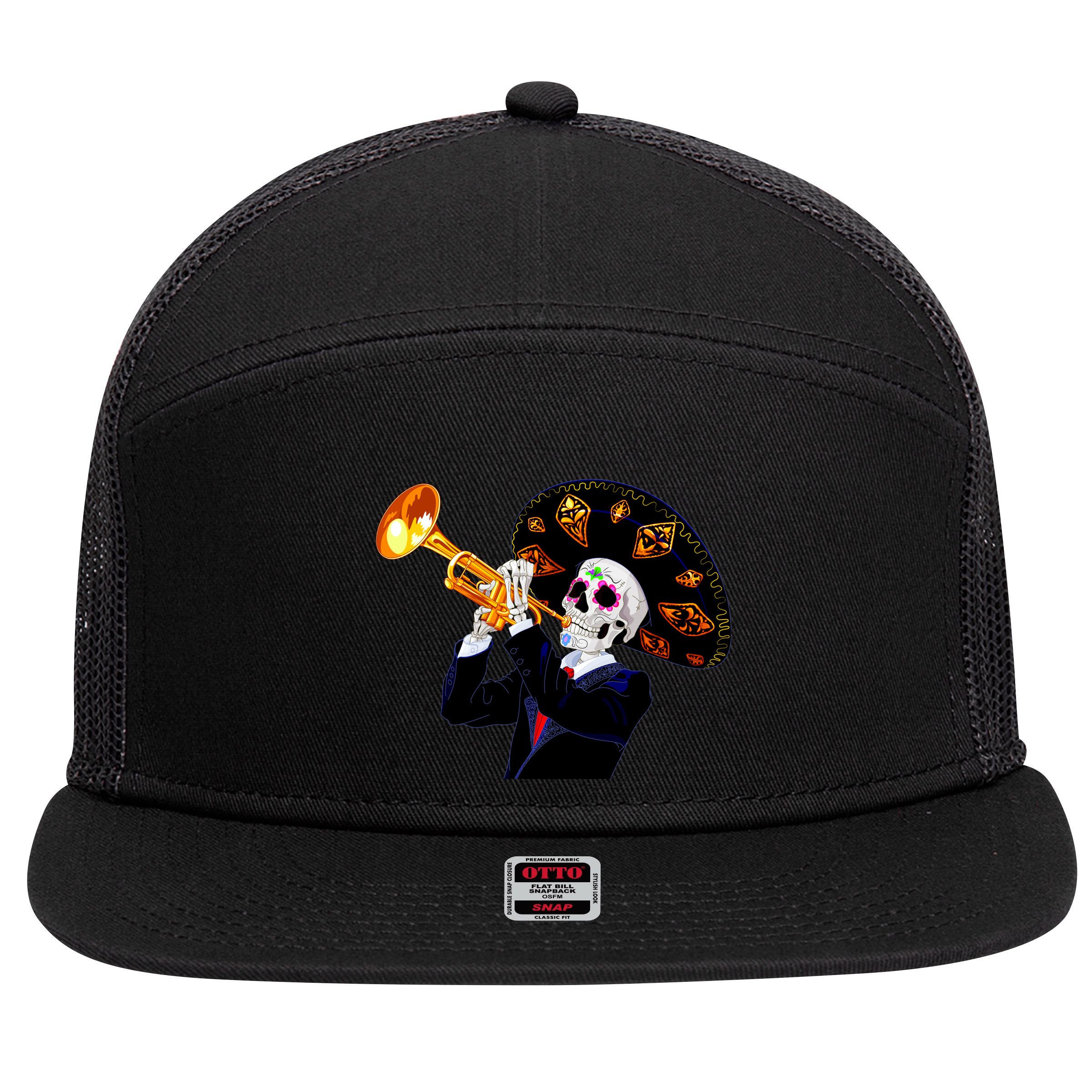 Cinco De Mayo Sugar Skull Playing Trumpet 7 Panel Mesh Trucker Snapback Hat