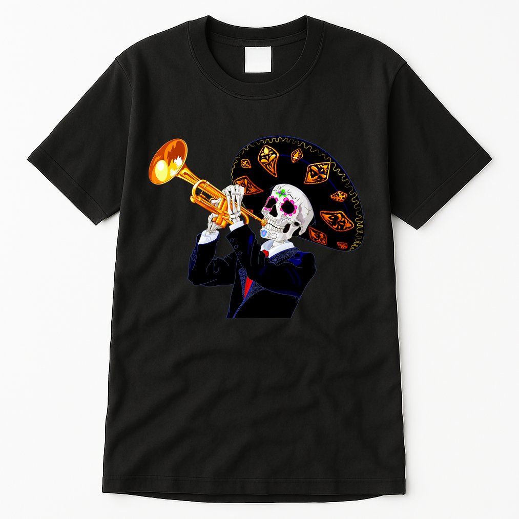 Cinco De Mayo Sugar Skull Playing Trumpet Tall T-Shirt