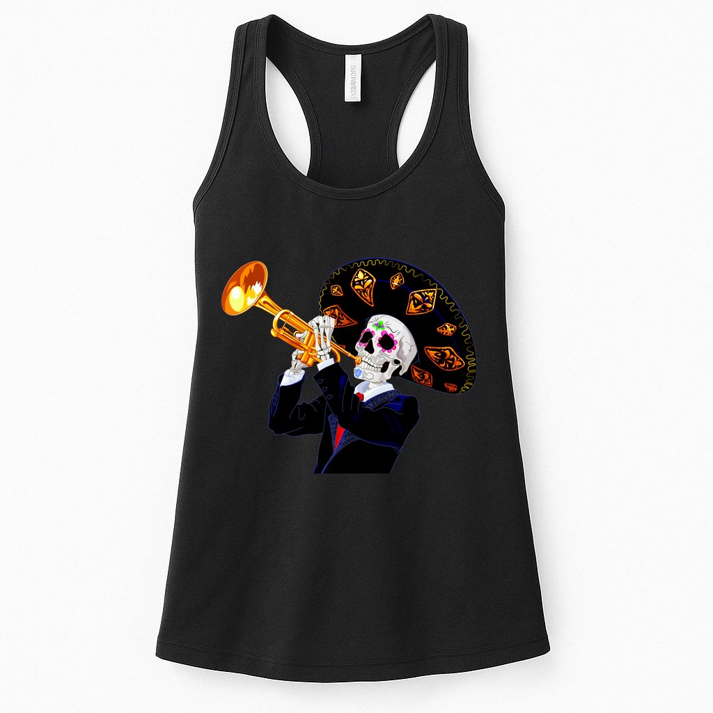 Cinco De Mayo Sugar Skull Playing Trumpet Womens Tank Top