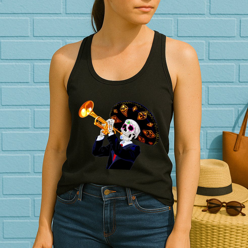 Cinco De Mayo Sugar Skull Playing Trumpet Womens Tank Top
