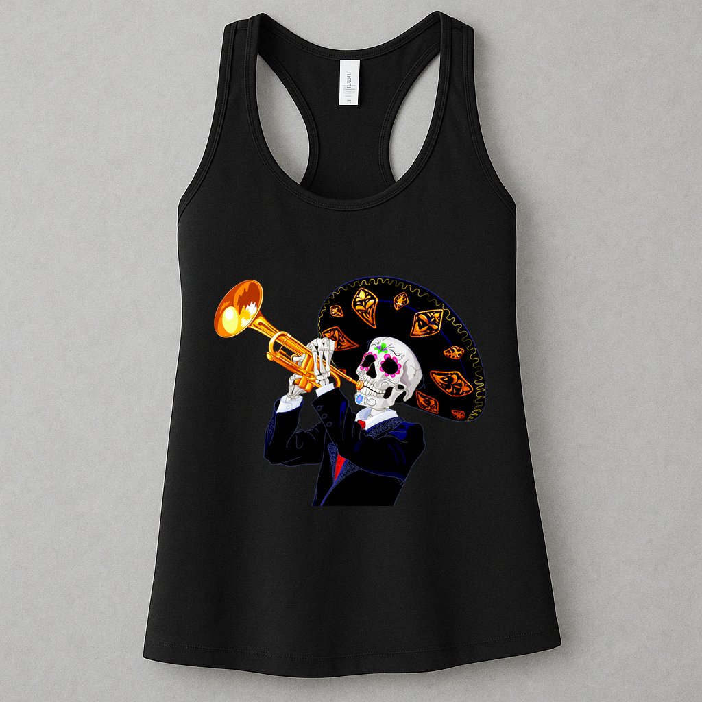Cinco De Mayo Sugar Skull Playing Trumpet Womens Tank Top