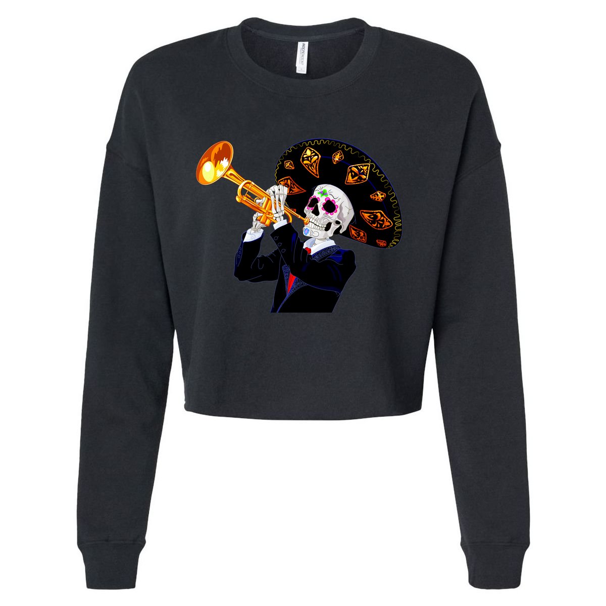 Cinco De Mayo Sugar Skull Playing Trumpet Cropped Pullover Crew