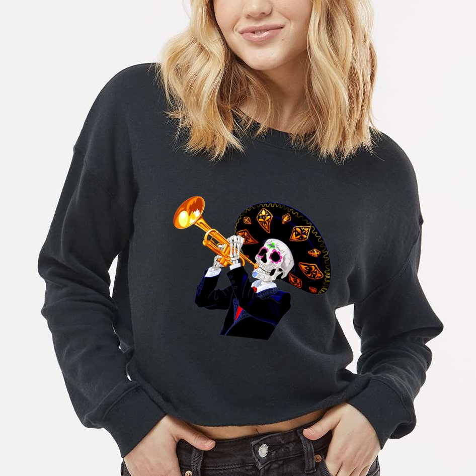 Cinco De Mayo Sugar Skull Playing Trumpet Cropped Pullover Crew