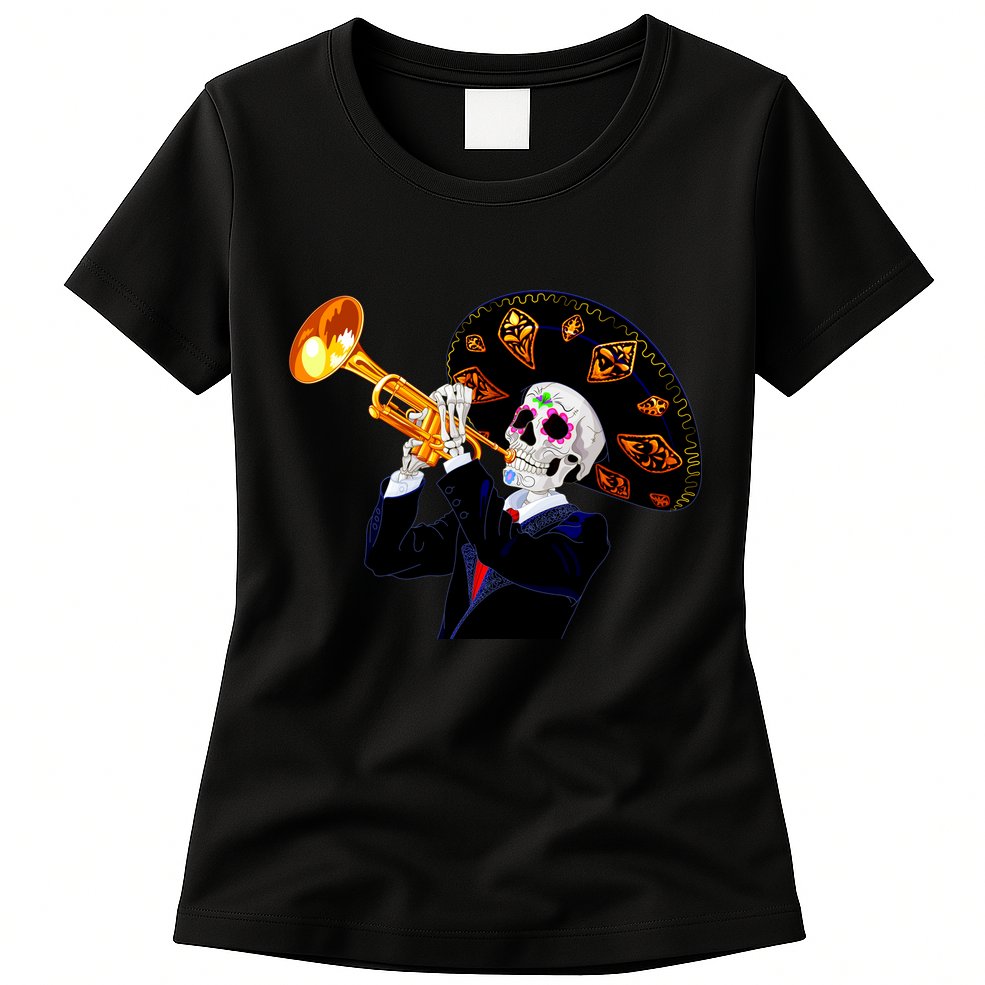 Cinco De Mayo Sugar Skull Playing Trumpet Womens T-Shirt