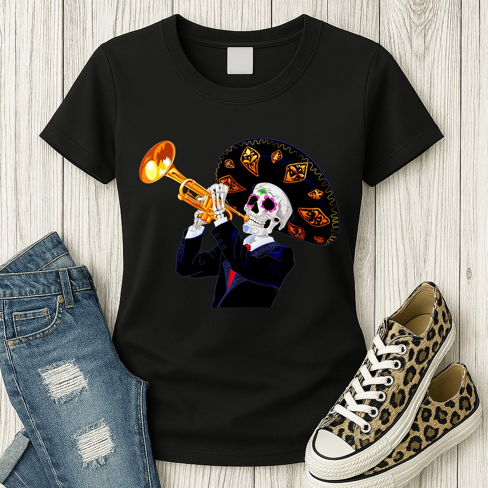 Cinco De Mayo Sugar Skull Playing Trumpet Womens T-Shirt