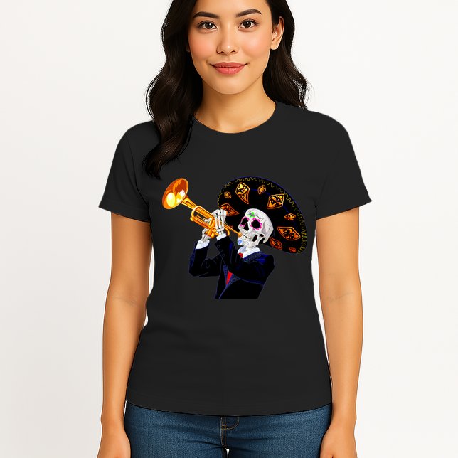 Cinco De Mayo Sugar Skull Playing Trumpet Womens T-Shirt