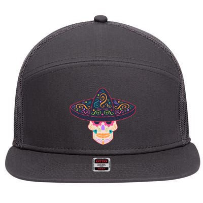 Cinco De Mayo Sugar Skull Sombrero 7 Panel Mesh Trucker Snapback Hat