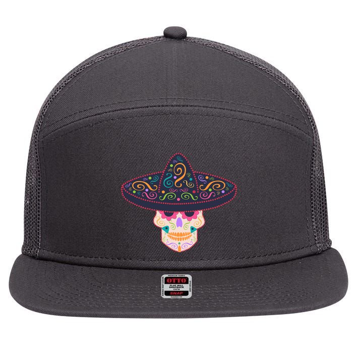 Cinco De Mayo Sugar Skull Sombrero 7 Panel Mesh Trucker Snapback Hat