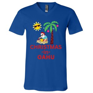 Christmas In Oahu Deck The Palm Trees Family Vacation Cool Gift V-Neck T-Shirt