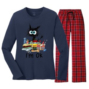 Cats I'm Ok Funny Quilting Love Cats Women's Long Sleeve Flannel Pajama Set 