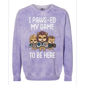 Cute I Pawsed My Game To Be Here Paused Gamer Lion Cat Boss Colorblast Crewneck Sweatshirt