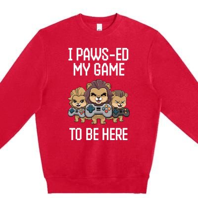 Cute I Pawsed My Game To Be Here Paused Gamer Lion Cat Boss Premium Crewneck Sweatshirt