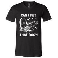 Can I Pet That Dog Halloween Skeleton V-Neck T-Shirt