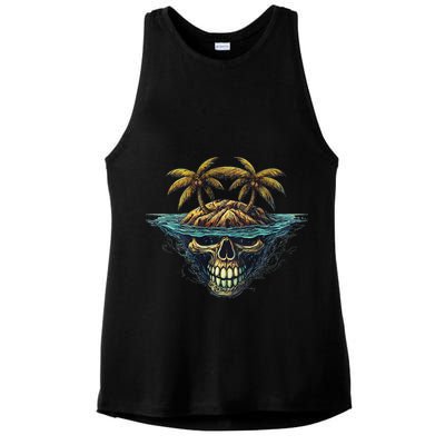 Cool Island Palm Trees Skull Beach Pirate Nautical Ladies PosiCharge Tri-Blend Wicking Tank
