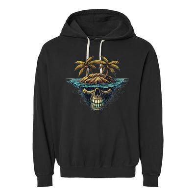 Cool Island Palm Trees Skull Beach Pirate Nautical Garment-Dyed Fleece Hoodie