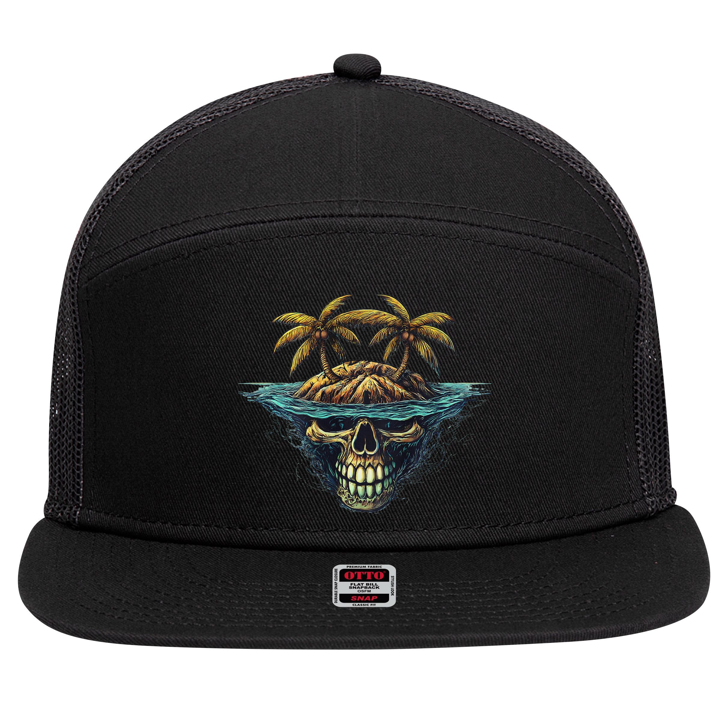 Cool Island Palm Trees Skull Beach Pirate Nautical 7 Panel Mesh Trucker Snapback Hat