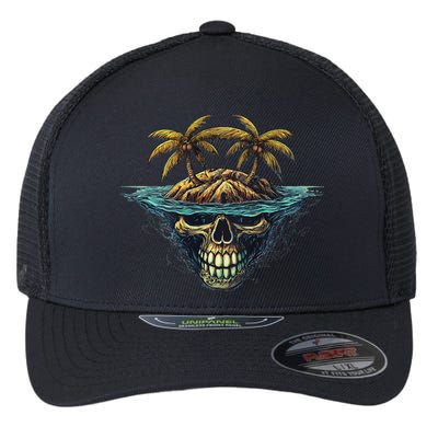 Cool Island Palm Trees Skull Beach Pirate Nautical Flexfit Unipanel Trucker Cap