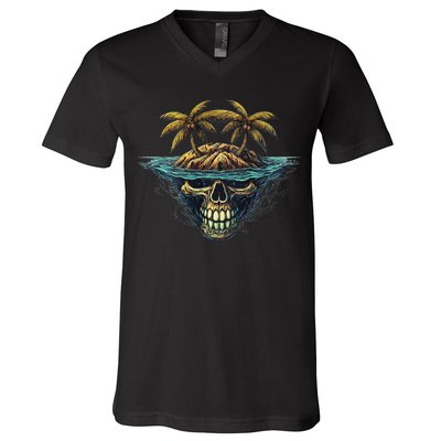Cool Island Palm Trees Skull Beach Pirate Nautical V-Neck T-Shirt