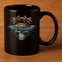 Cool Island Palm Trees Skull Beach Pirate Nautical 11oz C Handle Ceramic Mug