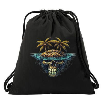 Cool Island Palm Trees Skull Beach Pirate Nautical Drawstring Bag