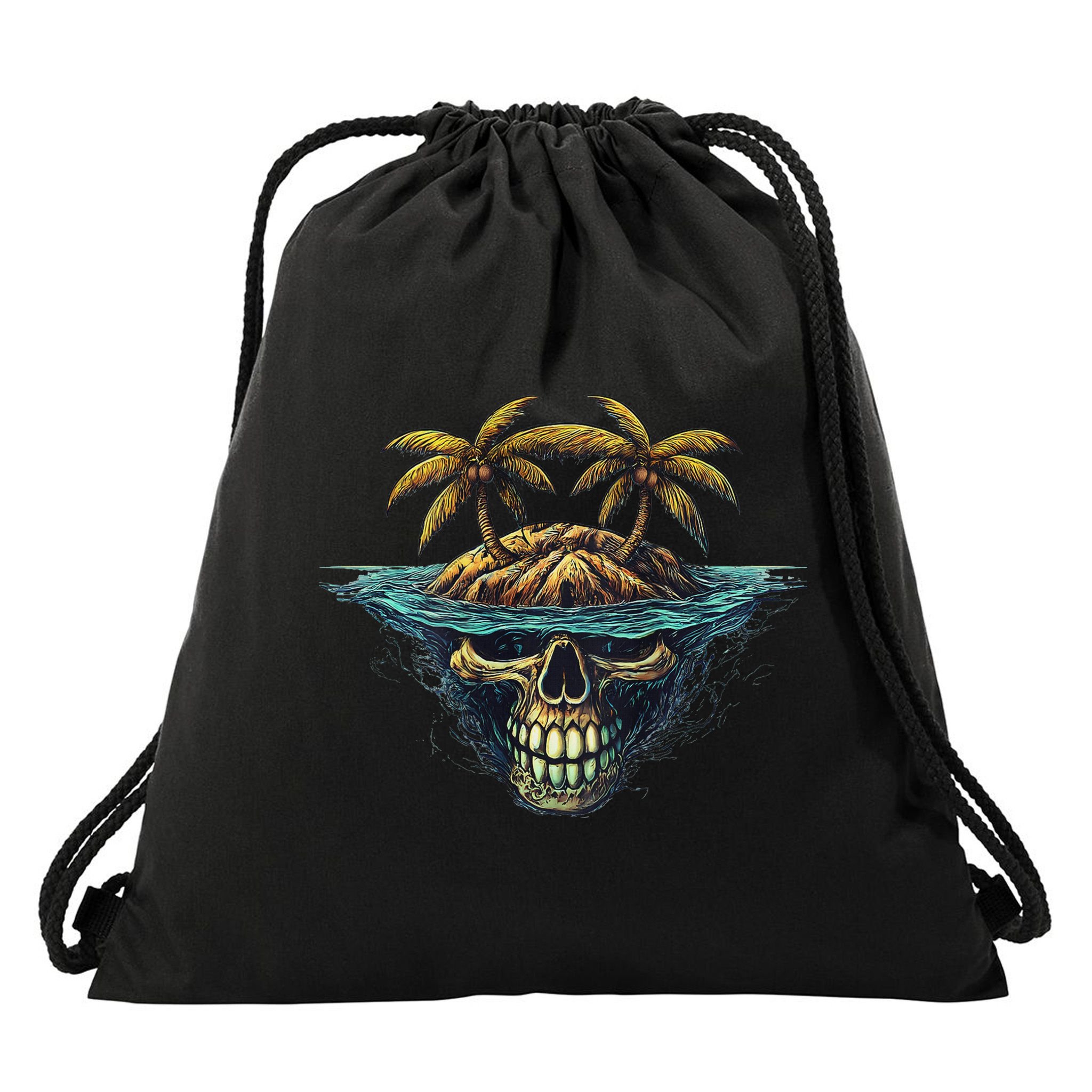 Cool Island Palm Trees Skull Beach Pirate Nautical Drawstring Bag