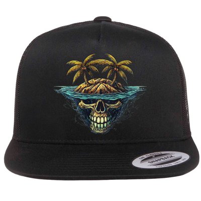 Cool Island Palm Trees Skull Beach Pirate Nautical Flat Bill Trucker Hat