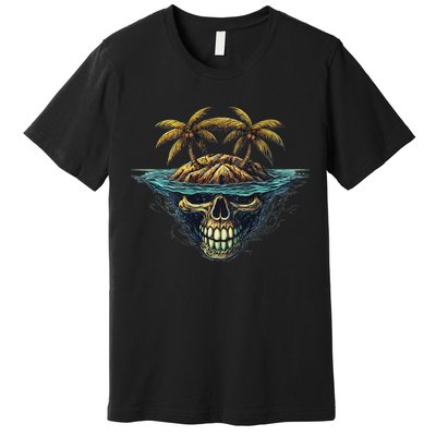 Cool Island Palm Trees Skull Beach Pirate Nautical Premium T-Shirt