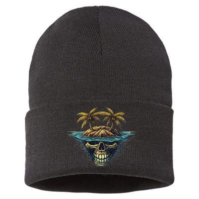 Cool Island Palm Trees Skull Beach Pirate Nautical Sustainable Knit Beanie