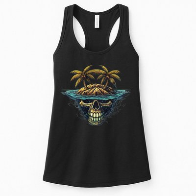 Cool Island Palm Trees Skull Beach Pirate Nautical Womens Tank Top