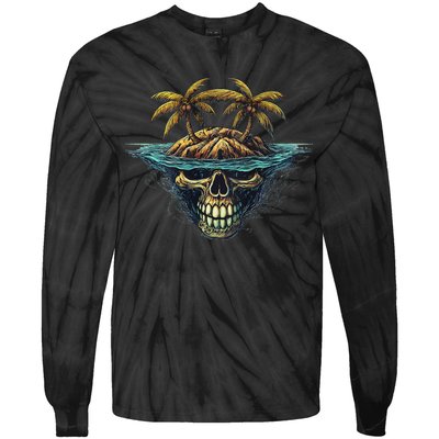 Cool Island Palm Trees Skull Beach Pirate Nautical Tie-Dye Long Sleeve Shirt