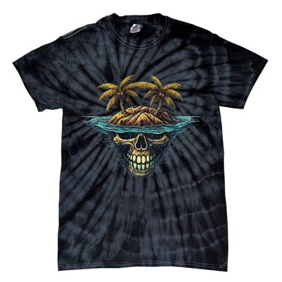 Cool Island Palm Trees Skull Beach Pirate Nautical Tie-Dye T-Shirt