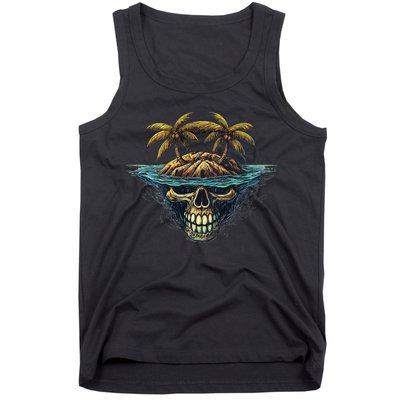 Cool Island Palm Trees Skull Beach Pirate Nautical Tank Top